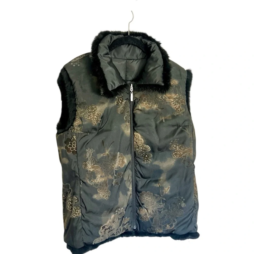 New Montanaco reversible velvet burnout faux fur trim puffer vest black Sz Large - Picture 2 of 11